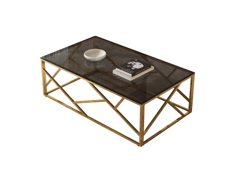Table basse 120 × 60 × 40 cm avec plateau en verre noir et structure métallique dorée, design géométrique moderne pour salon et espace détente - Conforama A