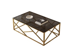 Table basse 120 × 60 × 40 cm avec plateau en verre noir et structure métallique dorée, design géométrique moderne pour salon et espace détente