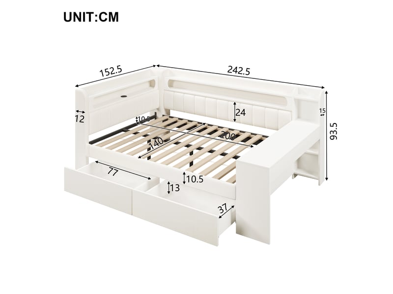  Lit pour jeune, 140x200 cm, espace nuit, led 7 couleurs et usb, bureau, 2 tiroirs, mdf et contreplaqué, coloris blanc  - Conforama C