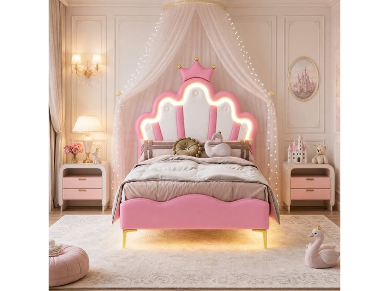 Lit enfant princesse avec led 90x200 cm en similicuir rose - Conforama C