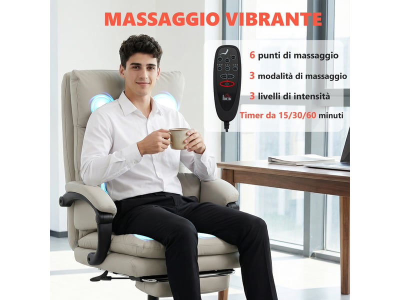 Fauteuil de bureau massant et chauffant, inclinable à 135°, avec repose-pieds en similicuir, gris clair - Conforama E