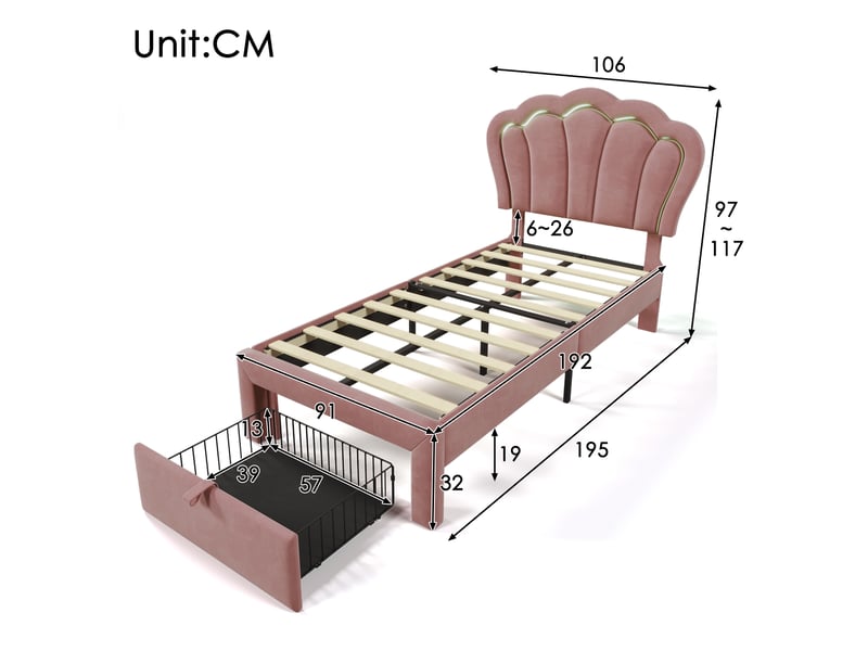  Lit enfant simple led 90x190cm avec tiroir à roulettes, structure en bois, velours, rose, sans matelas  - Conforama C