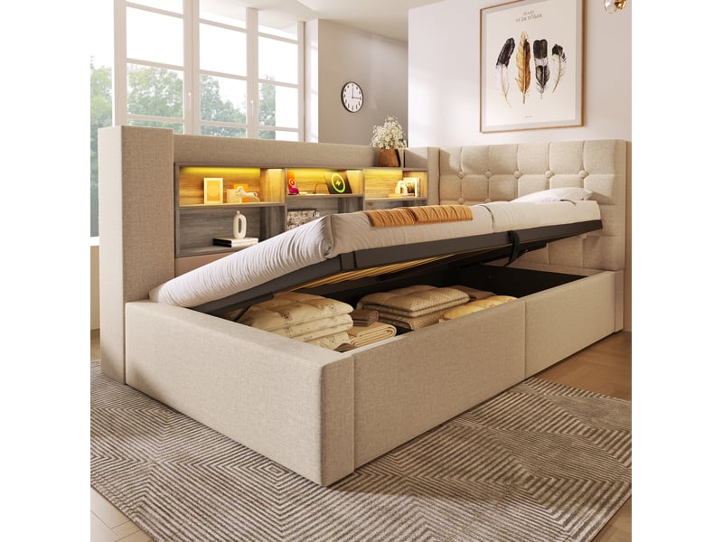  Modenvie lit coffre 90x200 cm - led, tête de lit avec rangements et ports usb, matelas inclus - beige  - Conforama D