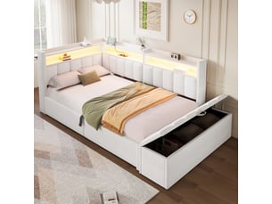 Lit banquette coffre 90 x 200 cm, rangement hydraulique, module latéral réversible, prise, port usb et led, sans matelas, tissu lin beige