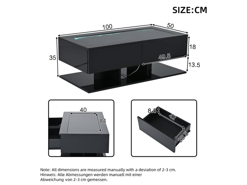  Table basse tcqpz 100 x 50 x 35 cm avec 2 tiroirs led plateau en verre trempé noir  - Conforama C
