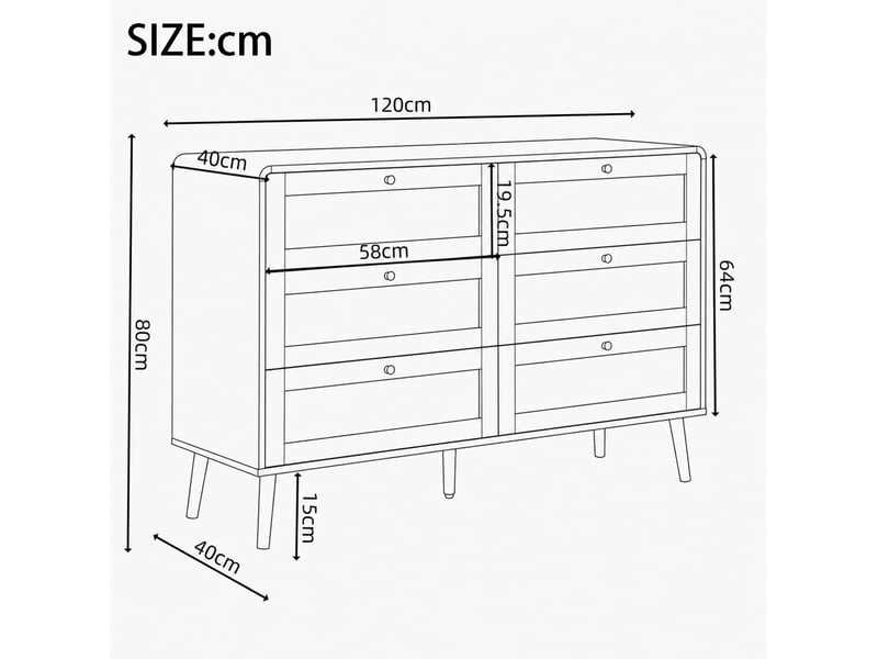  Commode 120x40x80 cm avec 6 tiroirs et façades effet rotin, coloris noyer  - Conforama C