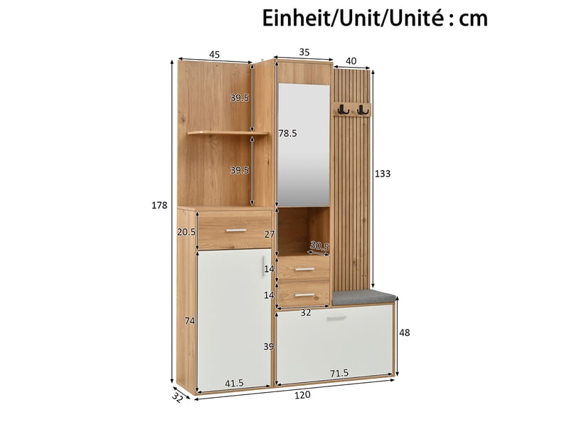  Meuble multifonction 120x32x178 cm - rangement chaussures - banquette - miroir - led - 1 porte - 3 tiroirs - étagères ouvertes - mdf - naturel et blanc ABC - Conforama C