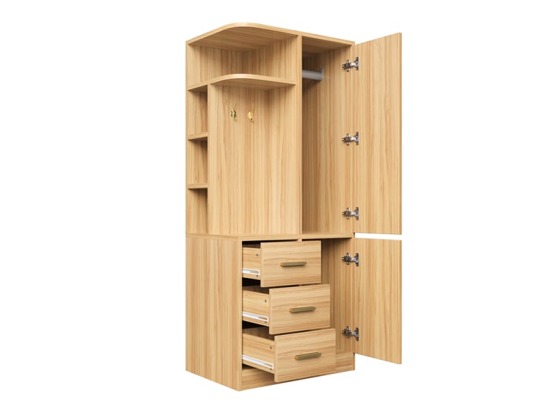  Armoire 70x50x170 cm, à 2 portes, 3 tiroirs, crochets et espaces de rangement, poignées en métal, couleur bois clair  - Conforama A
