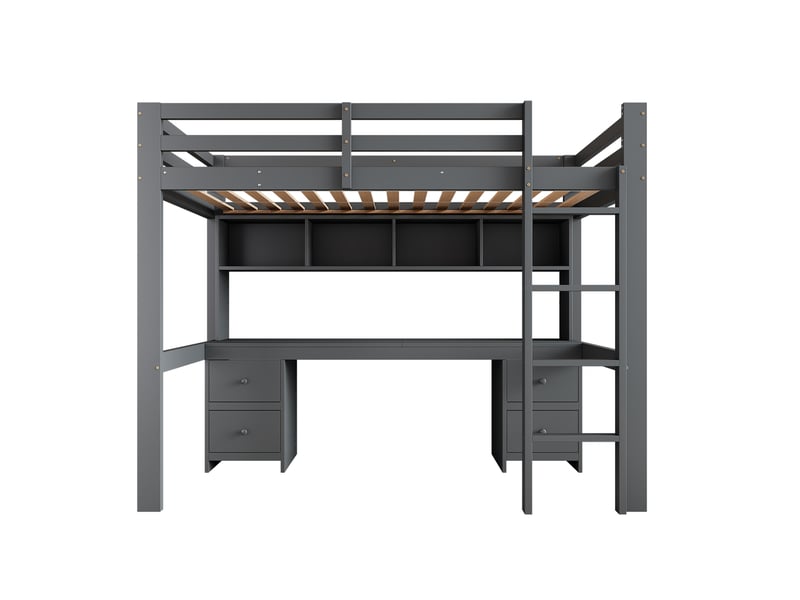 Lit mezzanine enfant avec bureau et grand rangement, garde-corps haut, gris, 90x200 cm - Conforama A