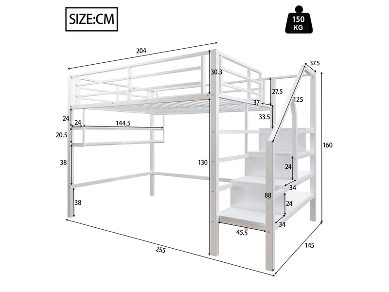  Lit mezzanine enfant 140 x 200 cm blanc avec étagères et échelle de rangement  - Conforama E