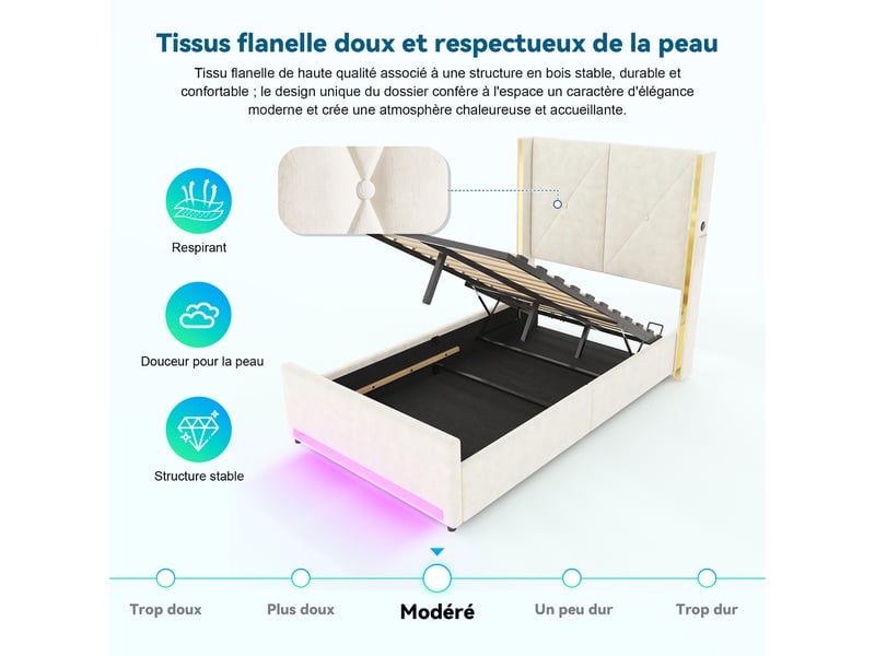  Lit coffre simple 90×200 cm avec usb, type-c, led réglable et poches - okmyhome- beige, sans matelas  - Conforama E