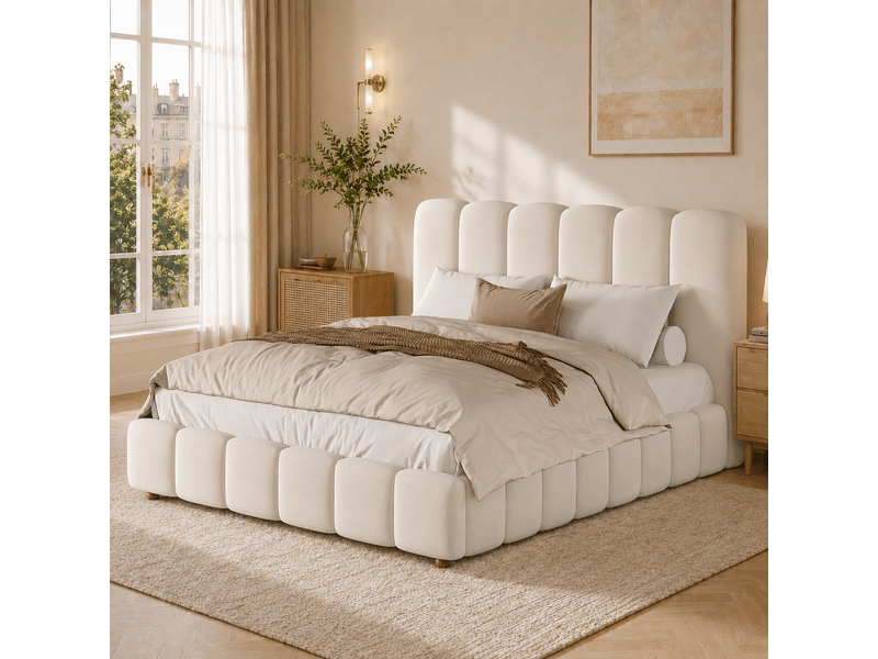 Lit coffre rembourré 140 x 190 cm en velours beige, tête de lit à lignes verticales, sommier à lattes N634U0112B - Conforama D