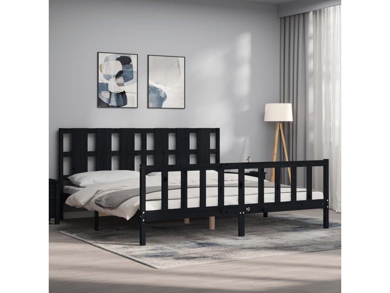  Lit double- lit adulte -  cadre de lit sans matelas noir 200x200 cm bois massif de pin  - Conforama B