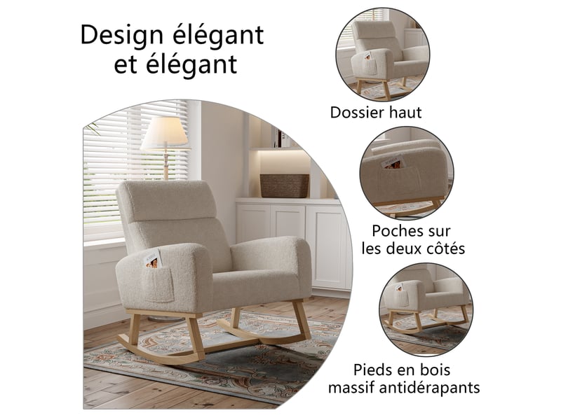  Fauteuil à bascule rembourré – fauteuil à bascule moderne – larges accoudoirs avec poches – assise spacieuse – peluche ours en peluche gris clair  - Conforama E
