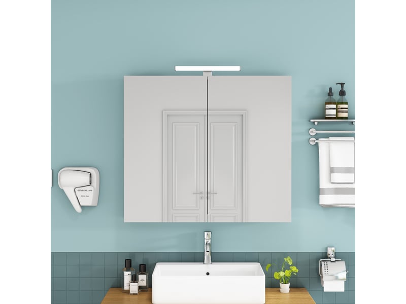  Meuble miroir salle de bain mural 80cm blanc led, prise fr, 2 portes, préassemblé  - Conforama B