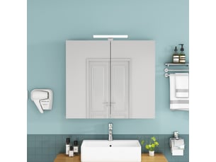Meuble miroir salle de bain mural 80cm blanc led, prise fr, 2 portes, préassemblé