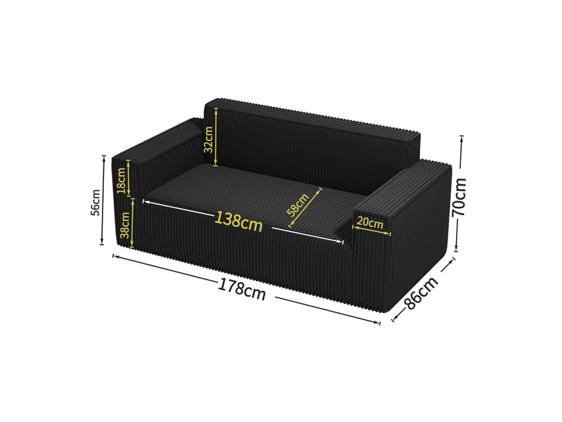  Canapé 2 places 178x86x70 cm en velours côtelé noir chicfurn  - Conforama D