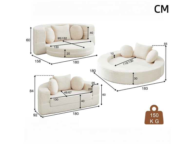 Canapé droit modulable 4-en-1, petit espace, sofa demi-cercle ou lit de jour rond, 2 ronds + 1 carré, beige - Conforama C