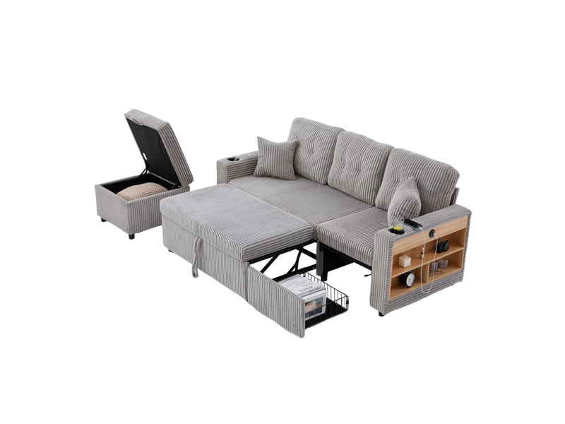  Canapé de salon, canapé velours – en velours tricoté, avec rangement, porte-gobelets, avec accoudoirs, lit gigogne, port usb  - Conforama B