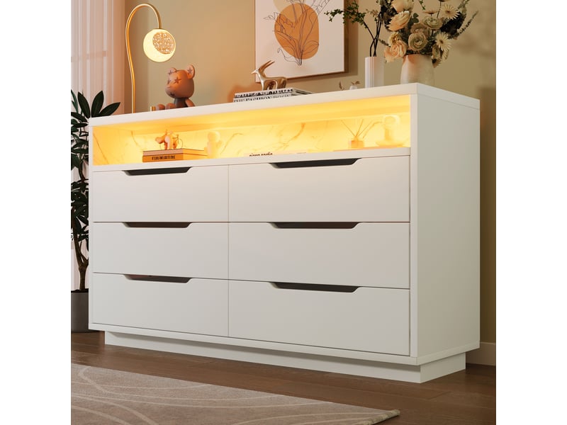 Buffet moderne blanche - led intelligent & effet marbre tendence, 6 tiroirs, sécurité enfant anti-basculement - 120x40x85 cm - Conforama R