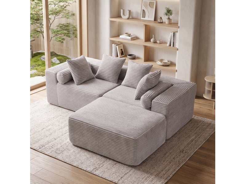 Canapé d’angle modulable 3 places avec chaise longue en chenille gris - Conforama D
