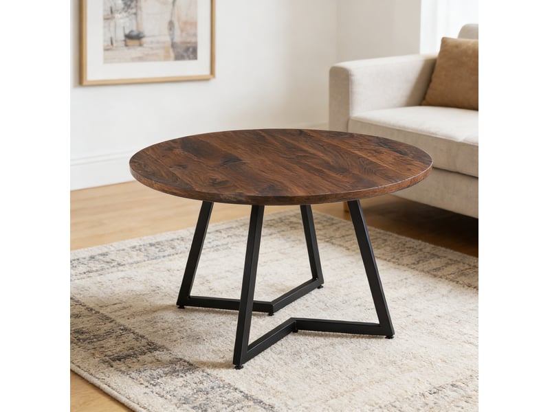 Table de salle à manger ronde ø110 cm, 75 cm h, plateau mdf noyer, pieds métal, design fixe, moderne et stable, élégant - Conforama B