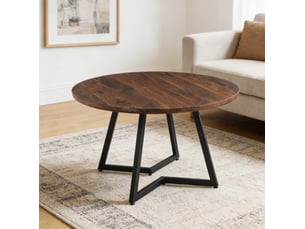 Table de salle à manger ronde ø110 cm, 75 cm h, plateau mdf noyer, pieds métal, design fixe, moderne et stable, élégant