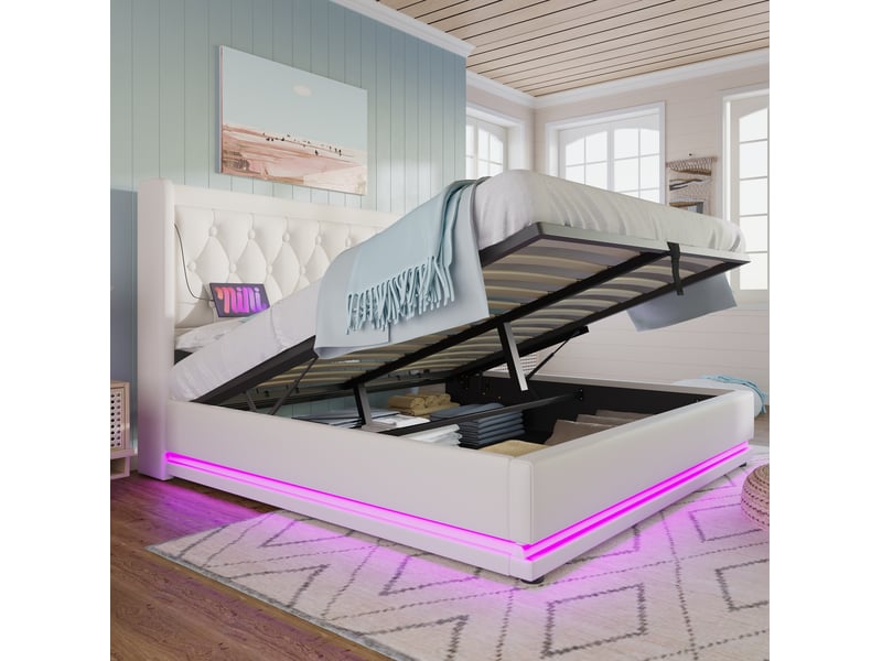  Lit coffre 160 × 200 cm 2 places avec led 3 côtés, usb et type-c, coffre hydraulique, matelas inclus, en pu blanc  - Conforama C
