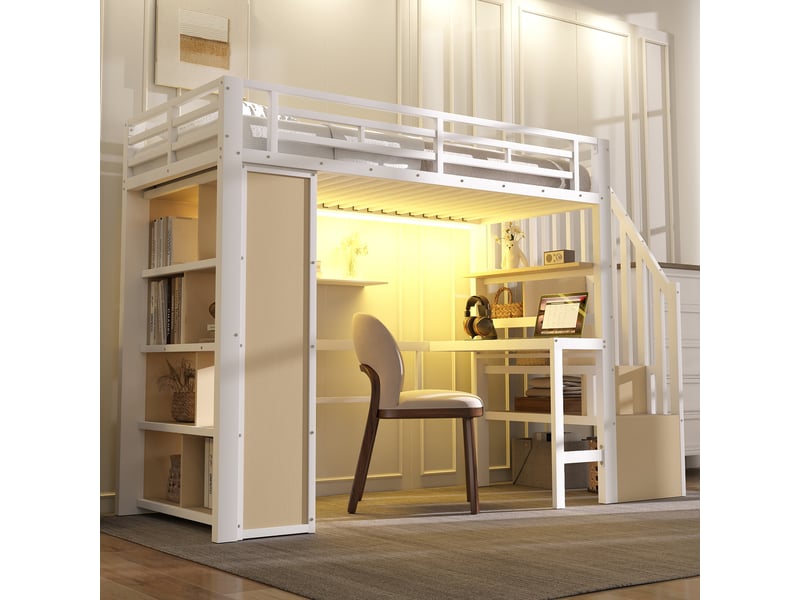  Lit mezzanine 90 x 200 cm sans matelas, structure métal, bureau, rangement, led, escalier avec coffre, blanc  - Conforama D