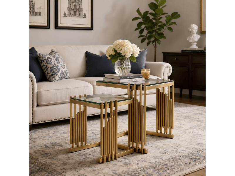 Tables basses imbriquées ensemble de 2 carré acier inoxydable doré verre trempé - Conforama B