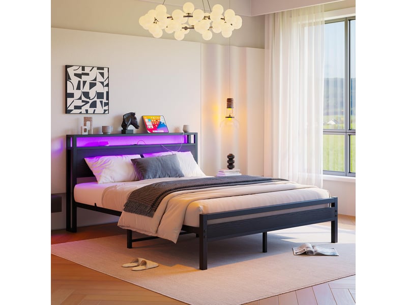 Lit 140x190 avec rangement cadre de lit en métal avec usb et led noir - Conforama R