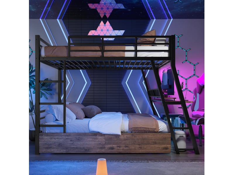 Lit mezzanine 2 couchages 140 x 200 cm avec bureau, tiroirs, led et échelles noir - Conforama D