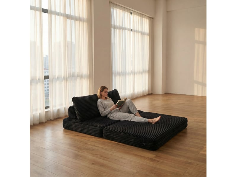  Canapé convertible 2 places 140x100x85 cm noir en velours côtelé, dossiers amovibles, sans accoudoirs  - Conforama B