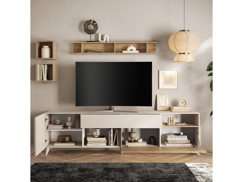 Meuble tv moderne blanc bois avec tiroir et 2 portes 241x42x67cm clere - chêne - blanc  - Conforama E