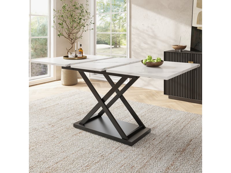 Table à manger rectangulaire extensible 120-160 x 80 cm, plateau mdf effet marbre blanc, pieds croisés en métal noir, 6 à 8 places, moderne  - Conforama B