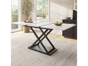 Table à manger rectangulaire extensible 120-160 x 80 cm, plateau mdf effet marbre blanc, pieds croisés en métal noir, 6 à 8 places, moderne