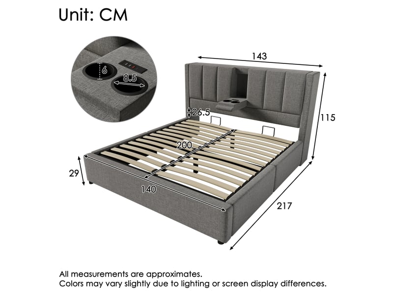 Lit coffre rembourré 140 × 200 cm 2 places avec rangement hydraulique, usb, type-c, porte-gobelets, matelas inclus, gris - Conforama D