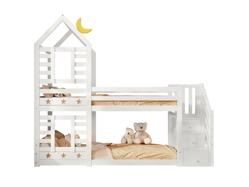  Modenvie lit superposé enfant 90x200 cm - avec rangements, 2 tiroirs, 2 sommiers inclus - blanc  - Conforama A