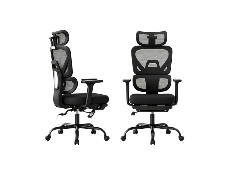  Chaise de bureau ergonomique pivotante avec repose-pieds, appui-tête et accoudoirs réglables en maille noire  - Conforama A