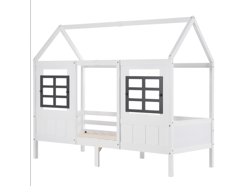 Lit maison 200x90 cm avec 2 fenêtres, bois, blanc sans matelas - Conforama A