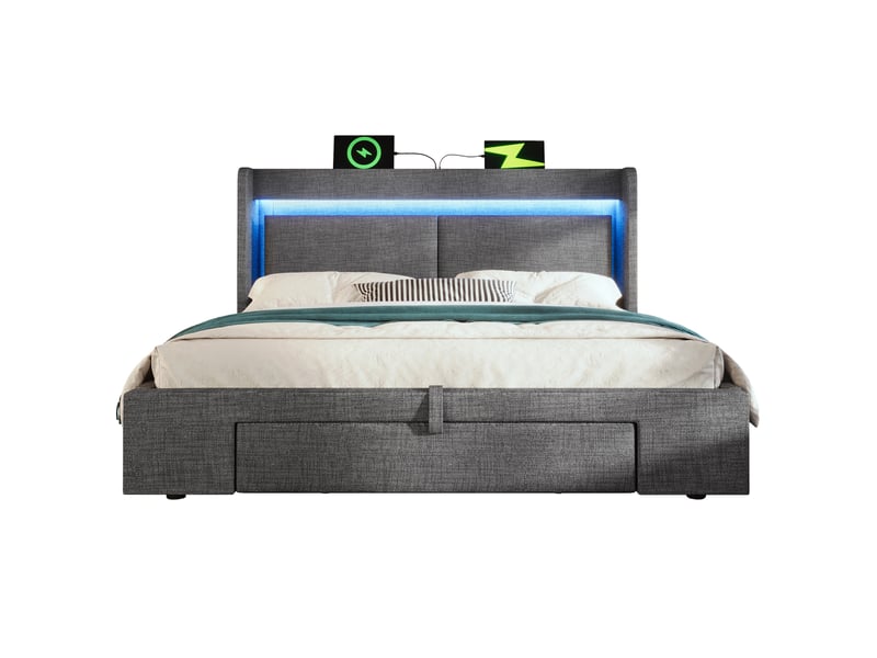  Lit coffre 140 x 200 cm gris en lin avec matelas, led, ports usb et usb-c  - Conforama A