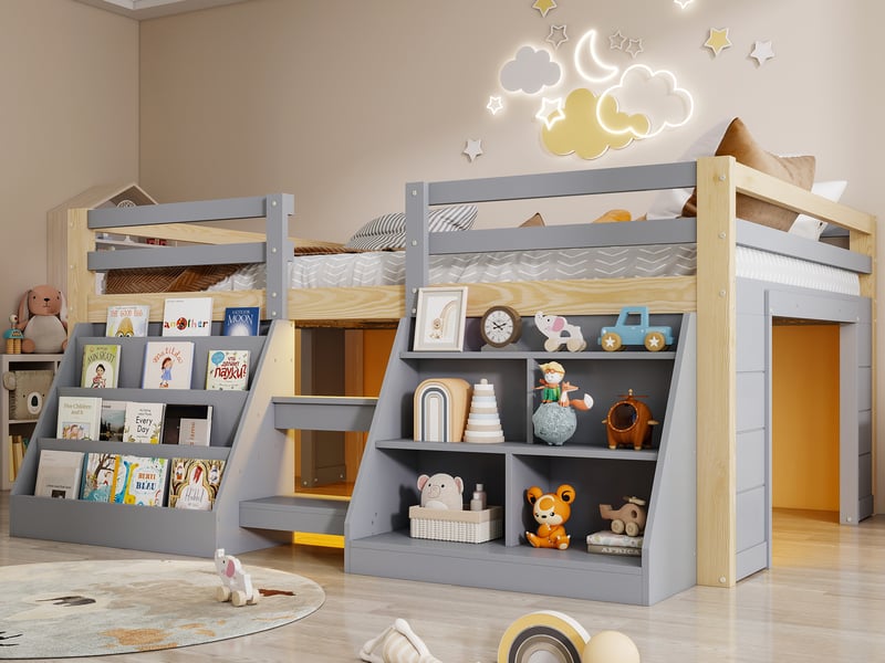  Lit mezzanine 140x200 cm, bibliothèque ouverte, échelle à 3 marches et led multicolore bluetooth, pin et mdf, gris  - Conforama B