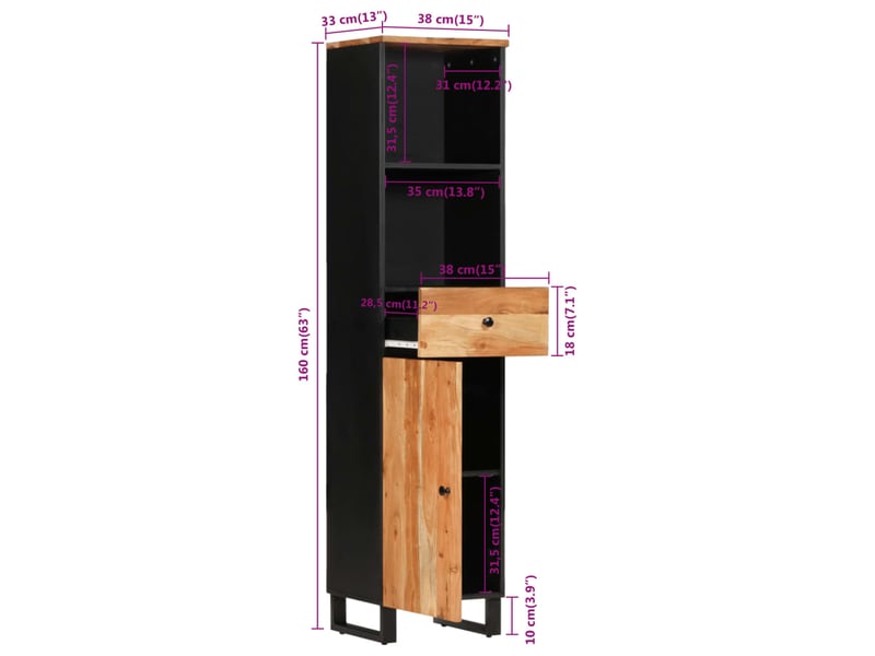 Armoire de salle de bain, cabinet de salle de bain 38x33x160 cm bois massif d'acacia cf65001 - Conforama E