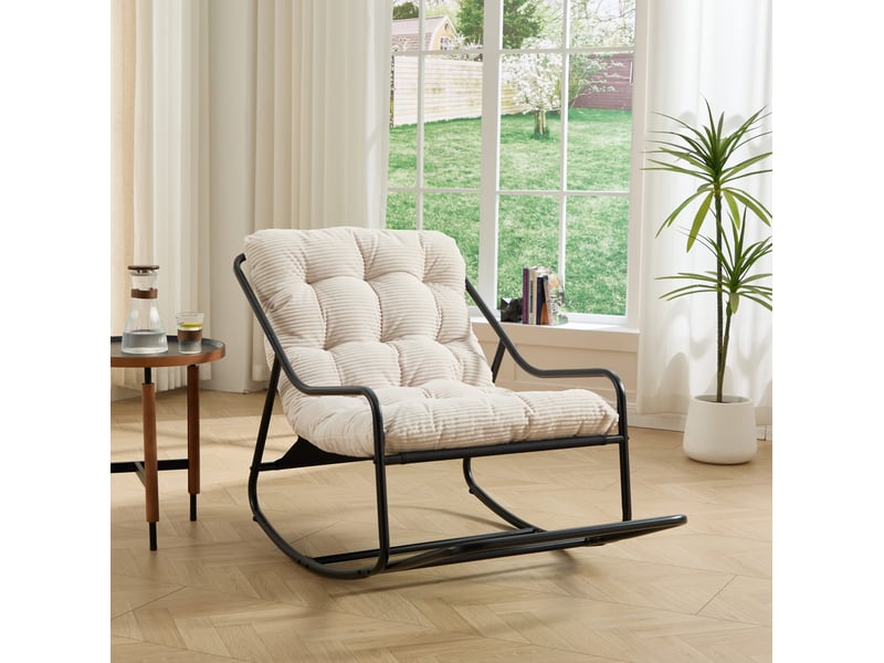 Fauteuil à bascule d'extérieur 75x116x82 cm en acier noir avec coussin blanc - Conforama D