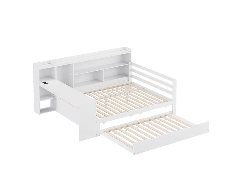  Lit banquette en bois massif 140*200 cm blanc, bureau, étagères, prises et lit gigogne  - Conforama A