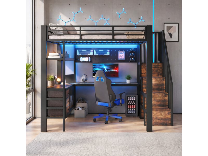  Lit mezzanine 140x200 cm avec bureau, rangements et led noir  - Conforama D