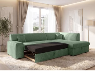 Canapé d'angle droit convertible <strong>AX LIVING </strong> <strong>Lucera</strong> 4 places Velours côtelé vert avec coffre de rangement