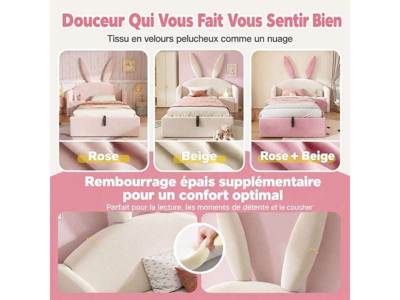  Lit enfant 90 x 190 cm rembourré beige en velours, rangement hydraulique, chevet modulable  - Conforama R