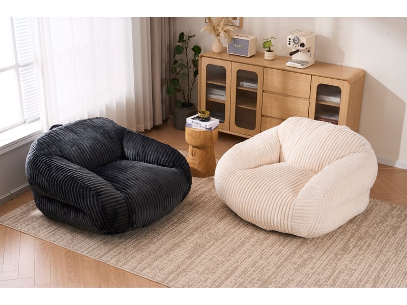  Fauteuil pouf pour adulte avec dossier enveloppant et garnissage en mousse haute densité, en velours côtelé beige  - Conforama C