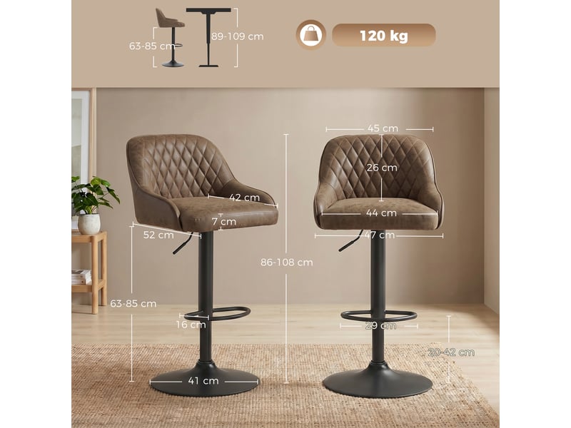  Lot de 2 tabourets de bar, tabourets hauts cuisine avec siège pivotant et hauteur réglable, marron foncé  - Conforama E